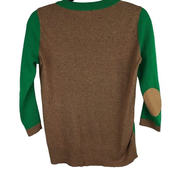 EUC J.Crew Womens XS Sweater Green & Brown Colorblock Elbow Patches Button Shoul - Picture 4 of 7